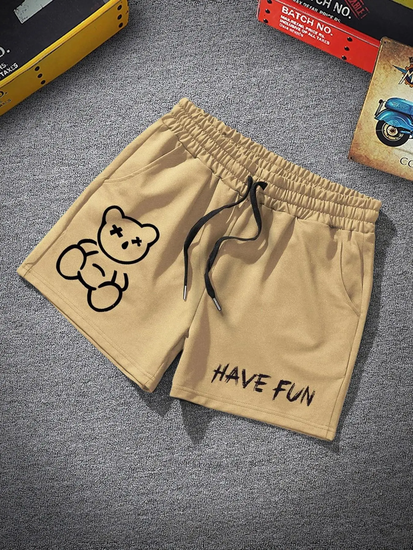 Men's Cartoon Bear & Letter Print Shorts, Summer Clothes, Drawstring Waist Track Shorts with Pockets for Outdoor Sports Running, Shorts for Men, Trend