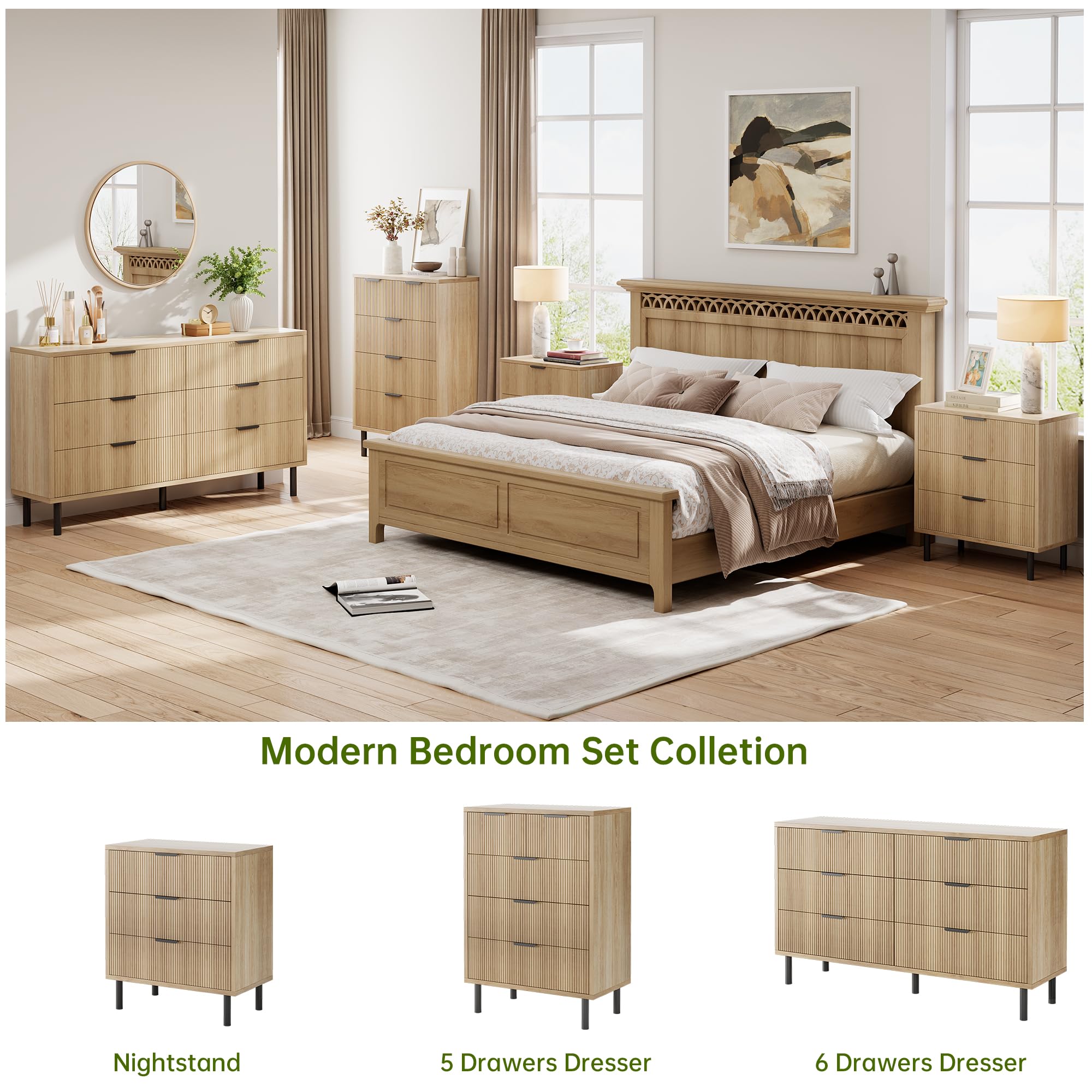 Modern Fluted 5 Drawer Wooden Dresser, Tall Bedroom Storage Chest with Metal Legs, Spacious Deep Organizer Cabinet with Anti-Tipping Safety Feature, Multipurpose Furniture for Hallway Nursery Closet, White & Black Available,dorm essentials,home decor Draw