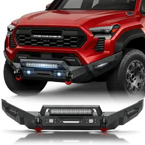 【Yzona】Front Bumper Compatible with 2024 2025 Toyota Tacoma, Heavy Duty Carbon Steel Off-Road Tacoma Bumper with Winch Plate, LED Light Bar, D-Rings, Sensor Holes & License Plate Bracket Holes