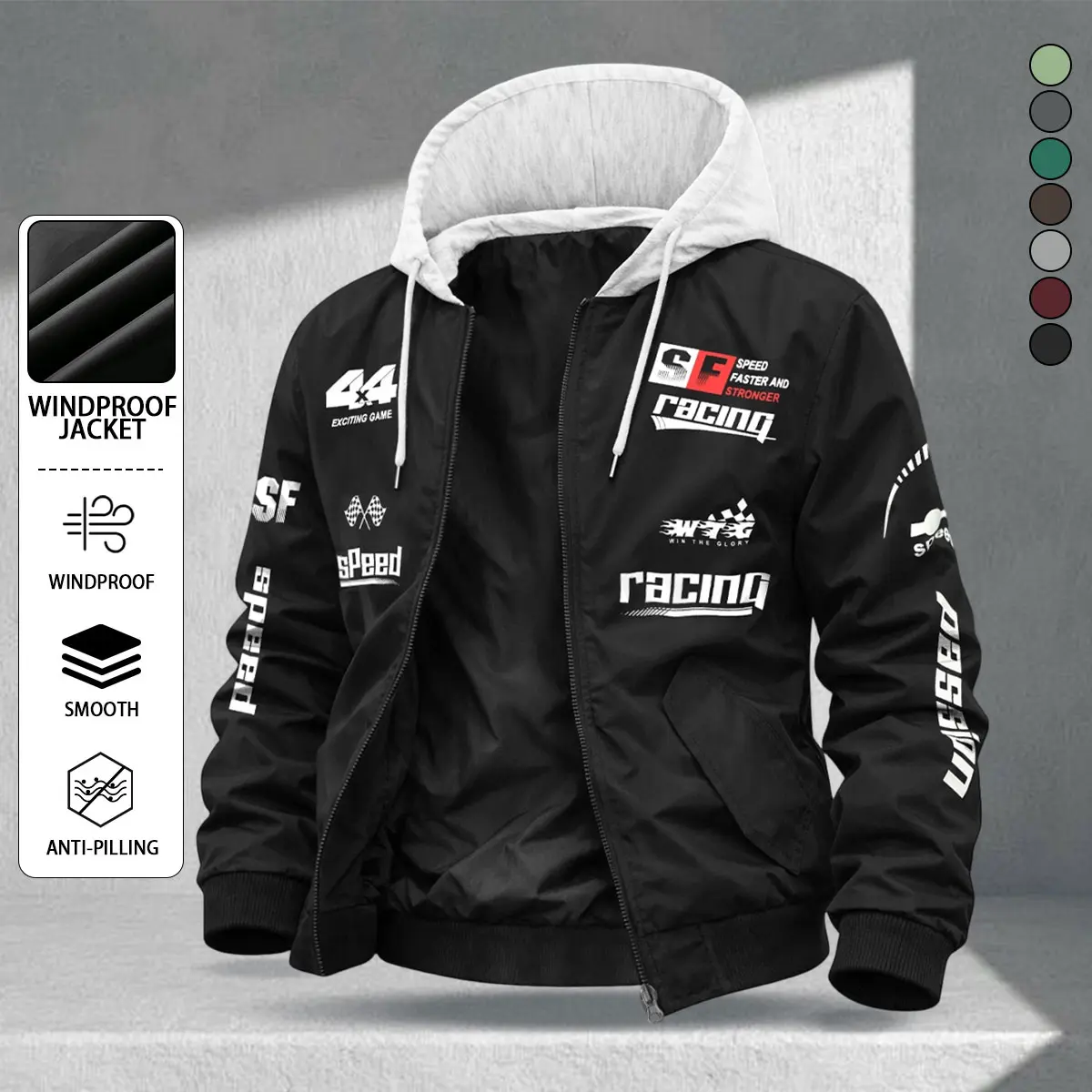 Stylish Men's Casual Hooded Jacket. Featuring a windproof and abrasion-resistant surface treatment, this jacket is the perfect choice for sporting events, street outings, racing-themed parties, everyday casual wear, and commuting.   Long Sleeve Graphic