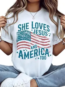 Women's Independence Day Patriotic T-shirt, Christian Shirt, 4th Of July Shirt, She Loves Jesus And America Too Shirt, America Retro Shirt, Usa Shirt, USA Flag Tee for Women Casual Cotton Menswear Crew Neck Graphic Top Womenswear Streetwear Tshirt