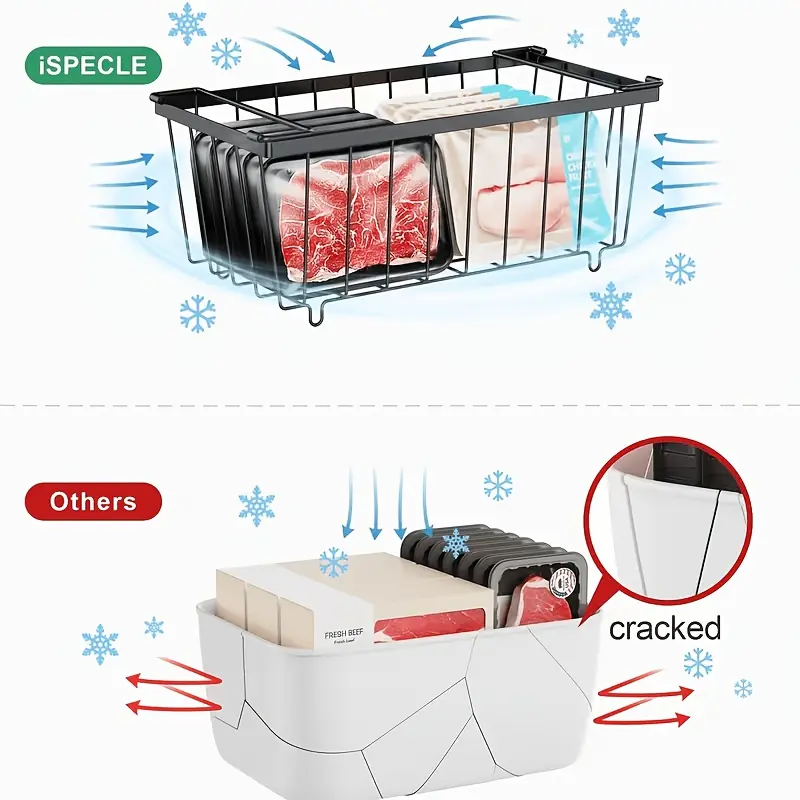 4pcs Cabinet Storage Baskets - Suitable for 7-cubic-foot Horizontal Freezers, 4pcs Stackable Metal Wire Racks, 14.7 Inches Long + 10 Resealable Food Storage Bags, Heavy-duty Coated Deep-freeze Storage Racks, Rust-proof, for Freezer Food Organization