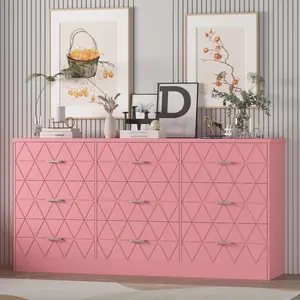 Modern 63-Inch 9-Drawer Chest Dresser with Power Outlet, Indoor Furniture Storage Organizer for Bedroom, Living Room, Pink