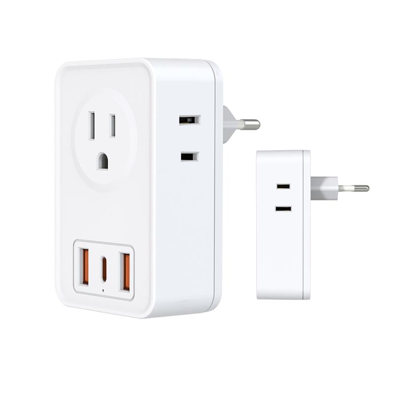 European Travel Plug Adapter USB C, International Plug Adapter with 4 AC Outlets and 3 USB Ports for US to Most of Europe Spain Italy France Germany.