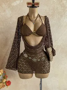 Womens 3 Piece Bikini Set with Crochet Cover Up Dress Halter Swimsuit Multiple Colors Beach Vacation Swimwear