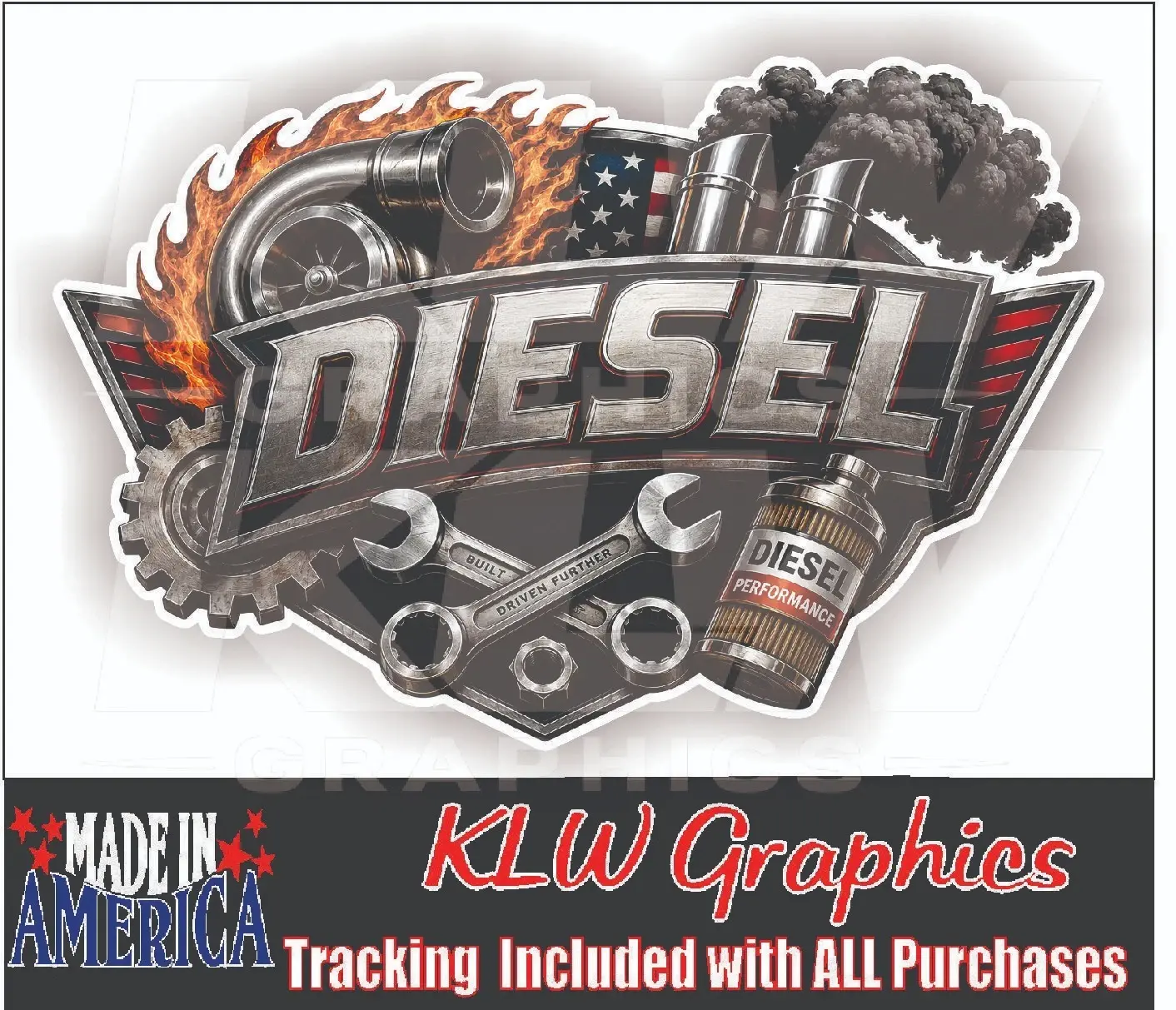 Diesel Power Turbo Charger Exhaust Stack Smoke Full Color Vinyl Decal Sticker USA Flag 6.6L Truck