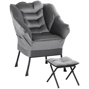 HOMCOM Modern Lazy Chair with Ottoman, Fabric Lounge Accent Chair, Leisure Sofa Armchair with Armrests, Side Pockets, Upholstered Reading Chair and Footstool Set for Living Room, Bedroom, Gray