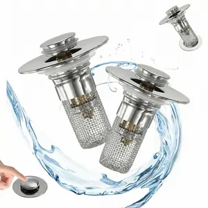 2-Pack Bathroom Sink Drain Strainer Set - Pop-Up Design with Removable Hair Catcher Basket, Sink Stopper, and Rotating Plastic Toilet Seat Cover