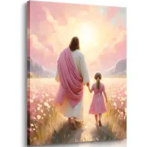 Jesus Walking with Little Girl Canvas Wall Art - "The Way He Leads" Christian Easter Gift - Inspiring Religious Decor for Kids Room