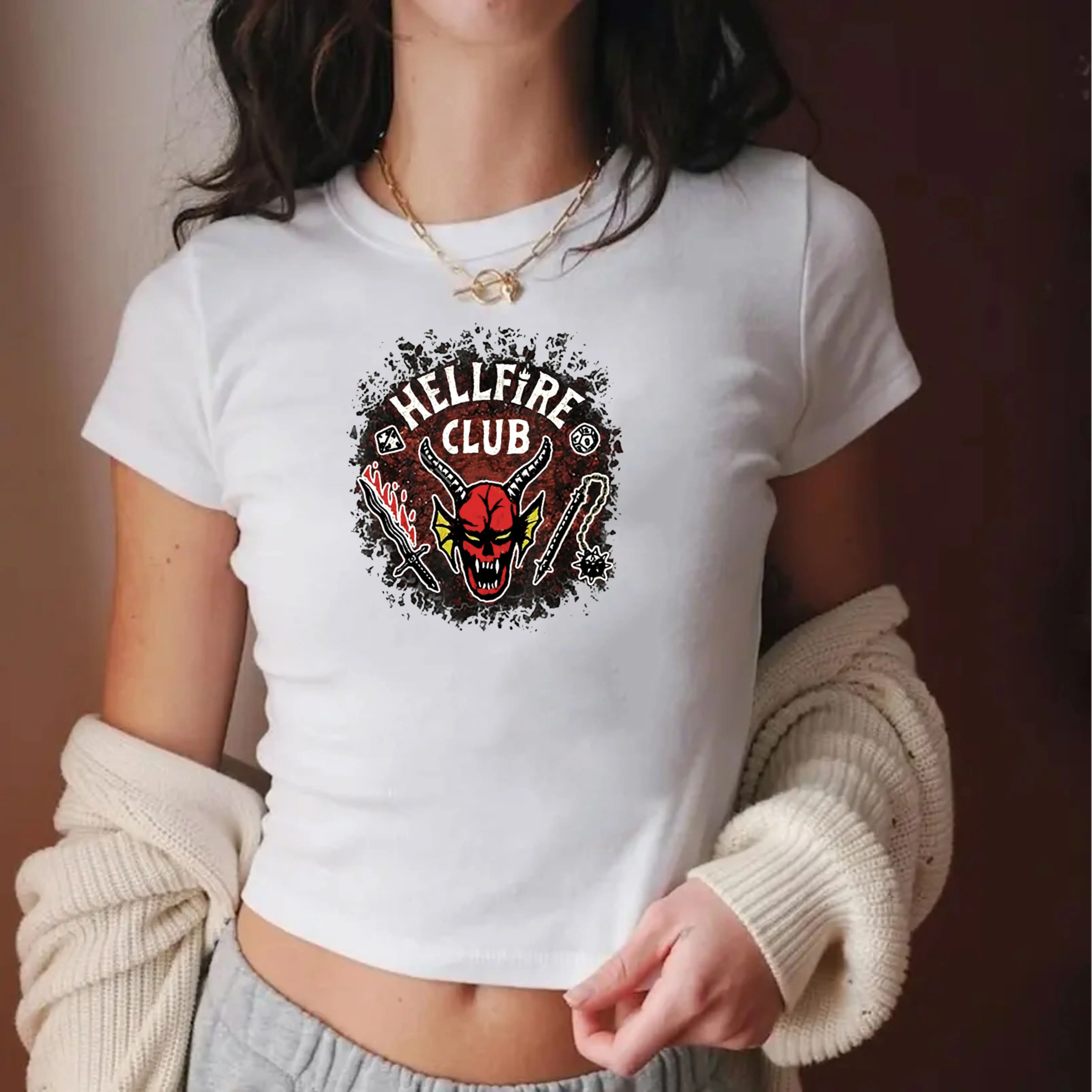 HellFire Club Baby Tee, Movie Unisex Outfit, Trendy Gift, Cute Crop Top, Streetwear Short Sleeve Women's Y2K Aesthetic Baby Tee