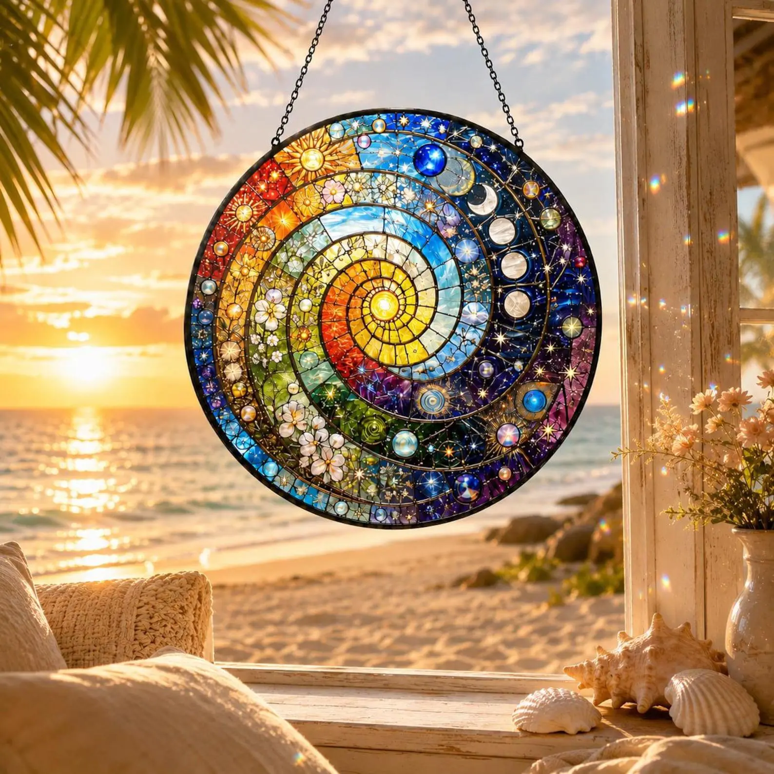 Rainbow Spiral Stained Glass Suncatcher, Personalized Window Hanging, Nature Decor, Handmade Gift for Her