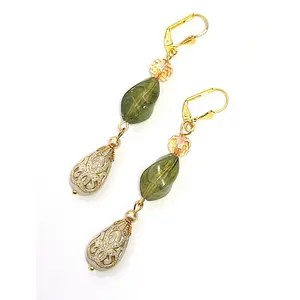 Chic Brico Gold Embossed Teardrop and Crystal Long Boho Dangle Earrings - Ivory and Olive Green