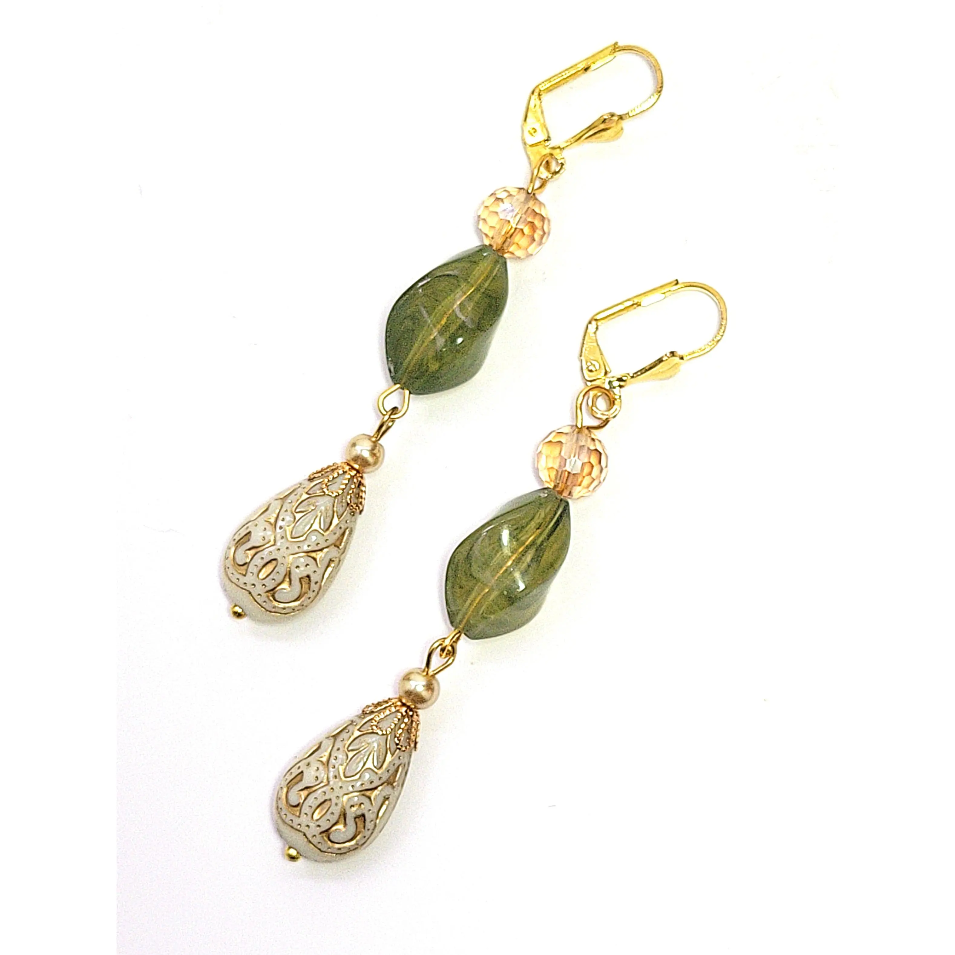 Chic Brico Gold Embossed Teardrop and Crystal Long Boho Dangle Earrings - Ivory and Olive Green