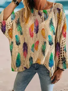 Spring and summer round neck diamond hollow batwing sleeve knitted cardigan, feather print, versatile for commuting and vacation, bikini cover-up, loose drop shoulder and figure-flattering.