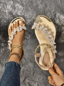 Summer Fashion Women's Open Toe Sandals, Butterfly Rhinestone Design, Comfortable Non-Slip Rubber Sole, Slip-On Elastic Ankle Strap, Casual Wear, Butterfly Design Wedges