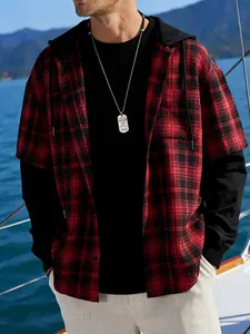 Men's Plaid Hooded Shirt, Street Style Layered Short Sleeve Top, Casual Oversized Checkered Jacket, Y2K Fashion