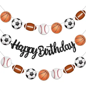Birthday Decorations Glitter Black  Happy Birthday Banner 3 count Basketball Football Soccer Baseball Theme Cutout Banners  Ball  Garland Decor for  Birthday Party  Shower Supplies