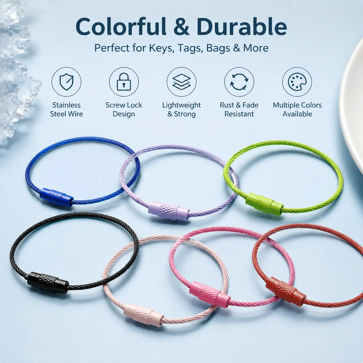 Colorful Wire Keychains with Screw Lock - Durable Steel Cable Key Rings for Car Keys, Luggage Tags, and Everyday Carry - Never Pop Open, Easy to Use, Fun Assorted Colors