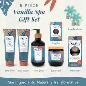 Saavy Naturals Tahitian Vanilla Spa Gift Set - 8 Piece Natural Artisan Basket for Women & Men - Includes Soap Bar, Body Cream, Sugar Scrub, Body Wash, Bath Bomb - Organic, Vegan, Cruelty-Free, Gluten-Free, Hydrating & Silky