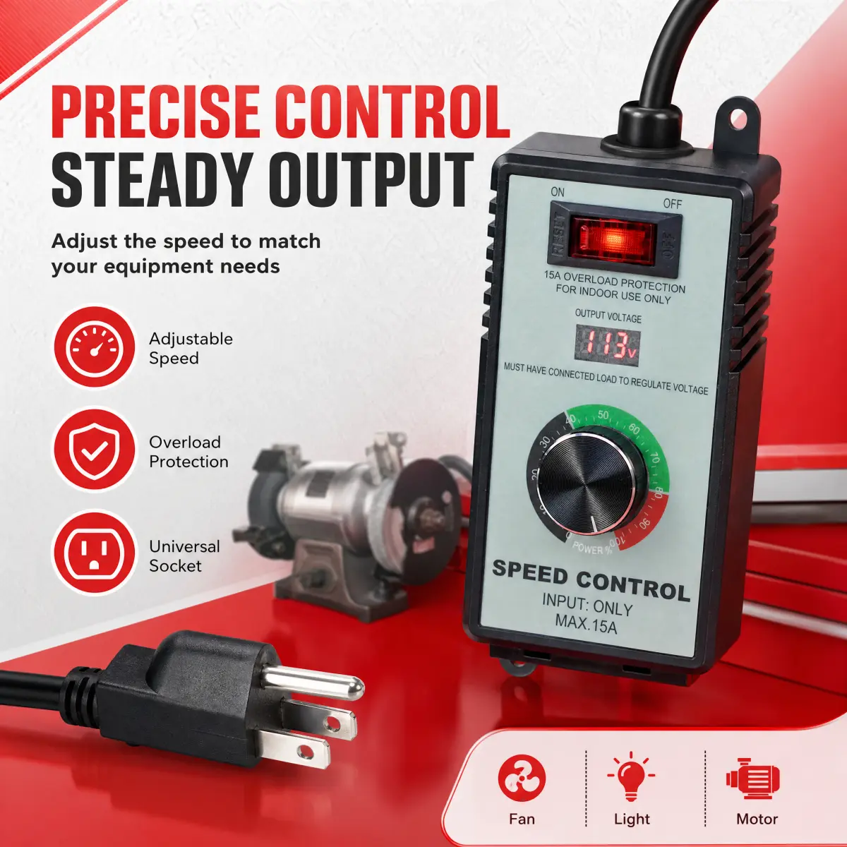 110V-120V 15A AC Motor Speed Controller Stepless Variable Speed Regulator Overload Protection Digital Display Speed Adjuster for Angle Grinder Electric Fan Blower Power Tools