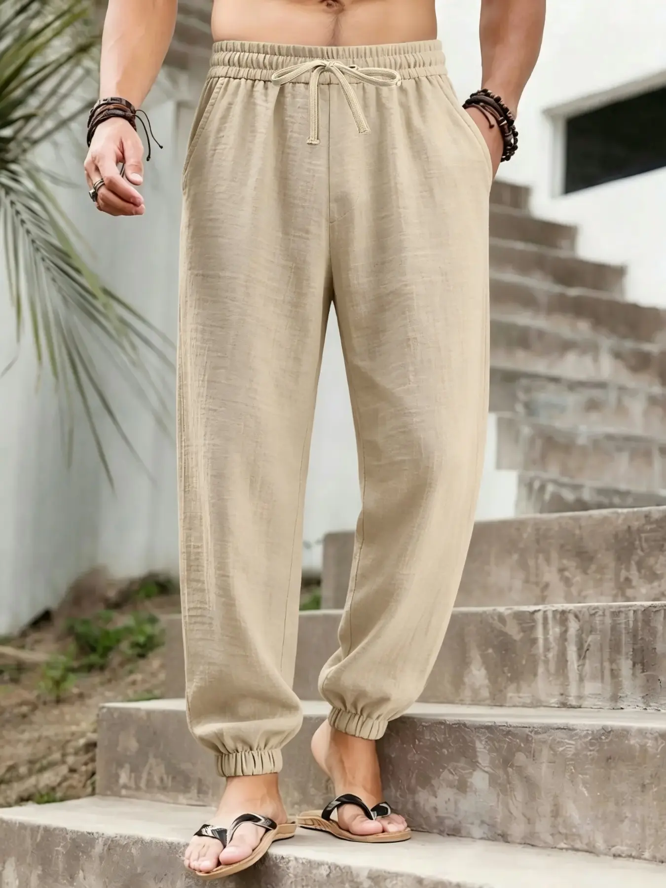 Men's linen tie-waist sweatpants - Lightweight, slightly wrinkled linen fabric, elasticized ankle cuffs design, stylish loose fit. Perfect for outdoor beach vacations, summer outings, daily casual wear and street style. Casual Fashion Bottoms