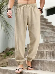 Men's linen tie-waist sweatpants - Lightweight, slightly wrinkled linen fabric, elasticized ankle cuffs design, stylish loose fit. Perfect for outdoor beach vacations, summer outings, daily casual wear and street style. Casual Fashion Bottoms