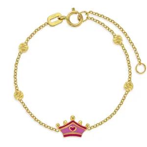 14k Gold 5.5" Pink Enamel Crown Baby / Toddler / Kids Bracelet