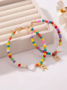 Boho Style Colorful Beaded Resin Heart Pendant Bracelet with 26 Letter Alphabet Charm, Casual Daily Wear Jewelry for Women