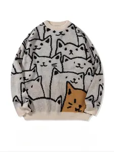 Unisex Men's All Over Cat Print Drop Shoulder Sweater, Cute Casual Long Sleeve Round Neck Jumper for Spring & Fall, Fashion Men's Knitwear for Daily Wear, Casual Comfy Knitted Pullover, Menswear