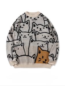 unisex men's all over cat print drop shoulder sweater, cute casual long sleeve round neck jumper for spring & fall, fashion men's knitwear for daily wear