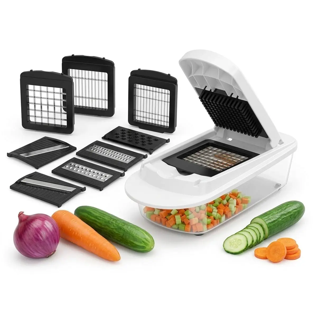 Multifunctional Vegetable Chopper, Mandoline Slicer & Dicer with Interchangeable Blades