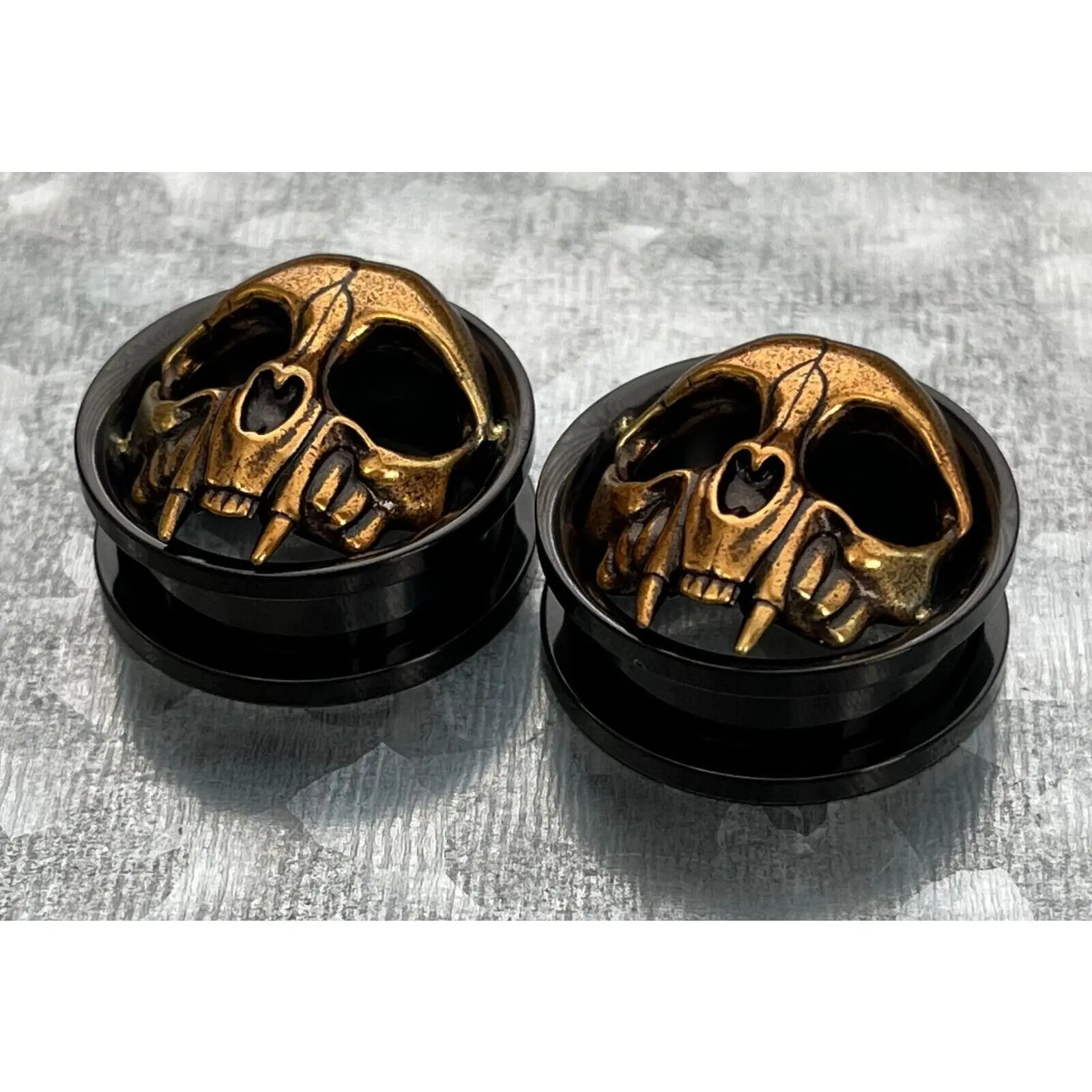 PAIR of Gold Skull with Fangs Black Screw Fit Tunnels /Plugs - Gauges 0g (8mm) thru 1" (25mm)
