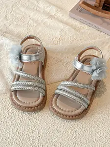 Girls' Mesh Flower Rhinestone Sandals, Non-Slip Soft Sole, Velcro Closure, Summer School/travel/beach Shoes, Casual Style, Plain Pattern