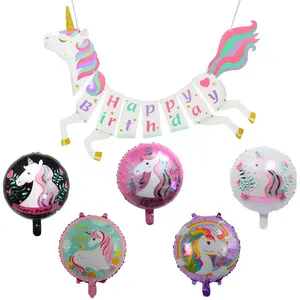 Unicorn Banner & Balloon Set – Colorful Party Decor 6-Piece Set with Golden Horn Hooves 5 Mylar Foil Balloons White Ribbon for Festive Atmosphere