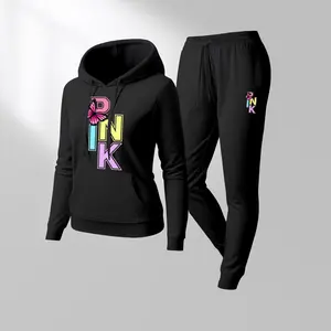 Women's Pink Print Hair And Sunglasses Hoodie And Drawstring Track Pants Set, Casual Sportswear, Long-Sleeved Hooded Jacket And Pants, Suitable For Autumn And Winter, Everyday Wear, Indoor And Outdoor Sportswear, Casual Sportswear.