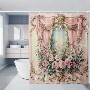 Romantic Rose Bathroom Set, Includes Shower Curtain, U-Shaped Mat, Toilet Seat Cover + 12 Hooks, Soft Fabric, Complete Bath Decor