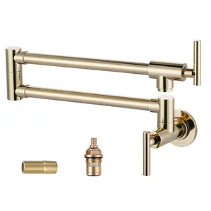 WOWOW Pot Filler Faucet Polished Brass Wall Mount Stove Faucet, Brass Pot Filler Folding Faucet Over Stove with Double Joint Swing Arms