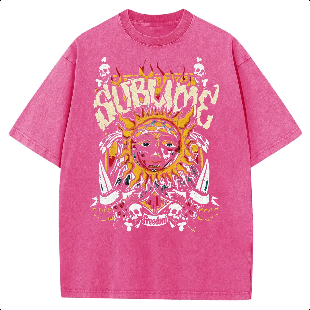 Women's Vintage Acid Wash Sun Graphic Tee, Heavy Weight Cotton Crewneck Shortsleeve Top, Casual Streetwear Aesthetic T-Shirt