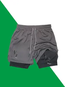 Elf-print two-in-one double-layer casual sport shorts, lightweight and quick-drying with zipper pockets, breathable elastic waistband with drawstring, comfortable running training phone shorts