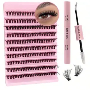 AMZGIRL LASH DIY Lash Extensions Kit Midnight Eyelashes Clusters 144pcs Fluffy Cluster Eyelashes with Lash Bond & Seal, Matte Black, Reusable, 0.07mm
