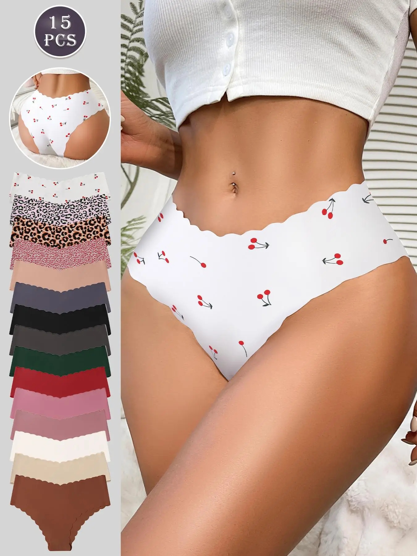 Women's Seamless Wave Edge Triangle Panties, Leopard Cherry Print, Comfortable Breathable Underwear, All Seasons Wear, 5/7/10/15 Pack