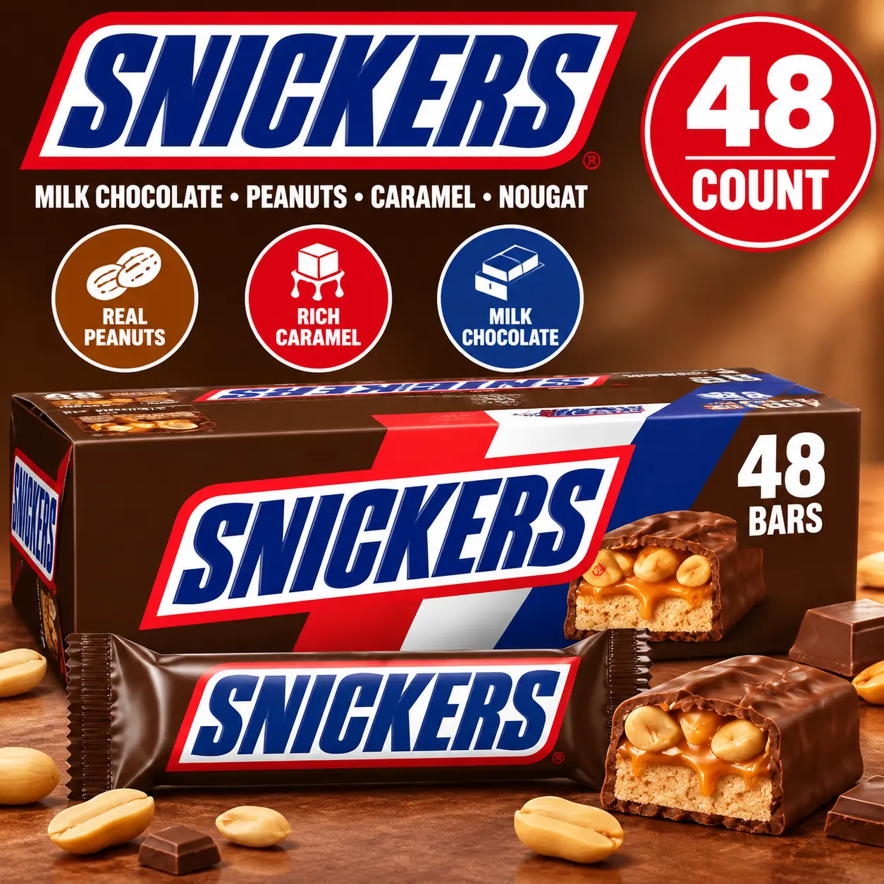 Snickers Chocolate Candy Bars 48 Count Milk Chocolate Peanut Caramel Nougat Bars