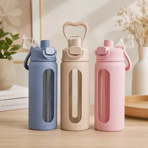 SANDJEST 24oz Glass Water Bottle with Silicone Sleeve and Leak-proof Handle Lid, Emotional Support Drinking Hydration Juicing Beverage Travel Workout