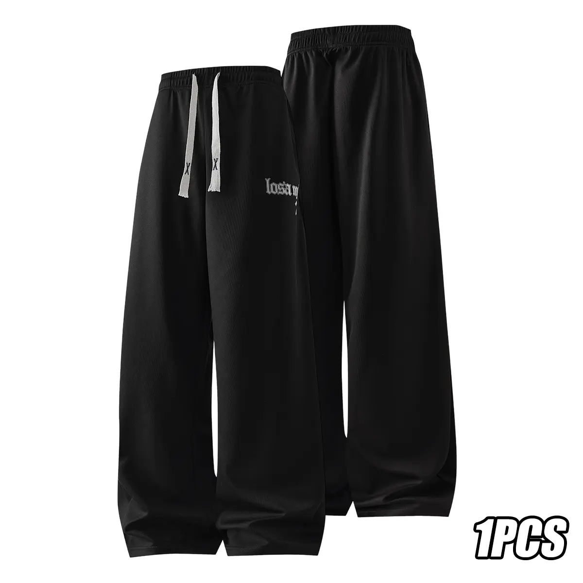 Men's Ankle-Length Straight-Leg Trousers - Polyester Low-Stretch Loose-Fit Pants with Elastic Waist, Pocket, Letter Pattern, Casual Streetwear for School, Machine Washable Spring/Fall Outfits