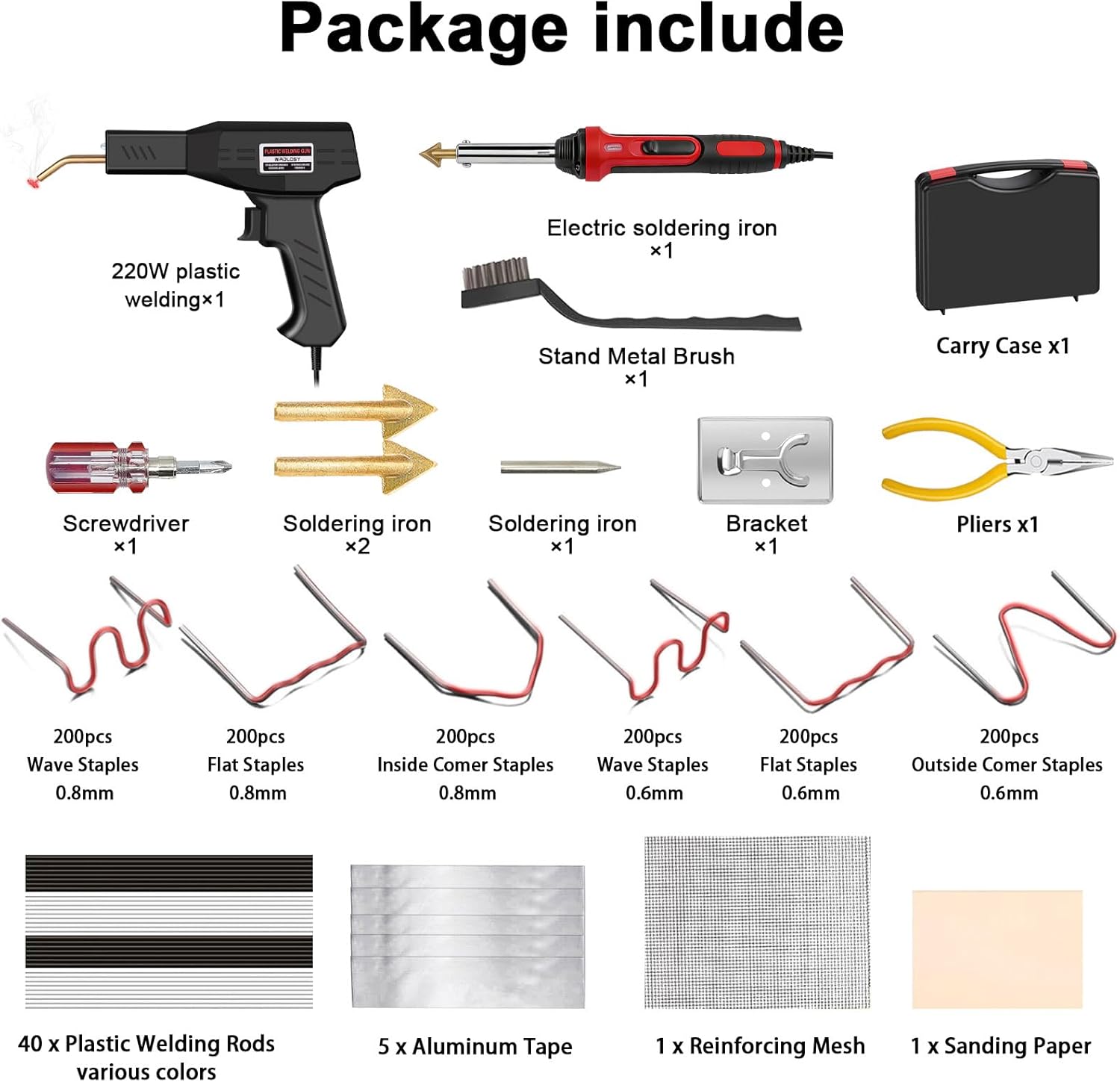 220W Plastic Welder, 1200PCS Staples 40PCS Rods Plastic Welding Kit, 5 in 1 Welding Tips Tape Sandpaper Wire Mesh Stand Metal Brush Screwdriver Plastic Welder Kit Bumper Repair Kit 220W Plastic Welder, 1200PCS Staples 40PCS Rods Plastic Welding Kit, 5 in 1 Welding Tips Tape Sandpaper Wire Mesh Stand Metal Brush Screwdriver Plastic Welder Kit Bumper Repair Kit