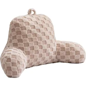 Reading Pillow Checkered Bed Rest Wedge Backrest Checkerboard Pillow with Arms  Support for Sitting Up in Bed Cushion Incline Rest Sleeping  Pillow (Beige,Large)