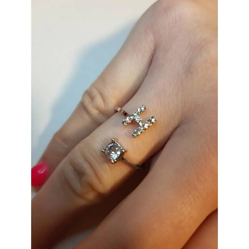 Silver H initial rhinestone adjustable ring