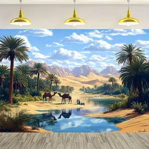 Vintage Moroccan Desert Oasis Background, Polyester Fiber Wall Decor, Indoor and Outdoor Use, Durable Photography Backdrop, Room and Entrance Decoration