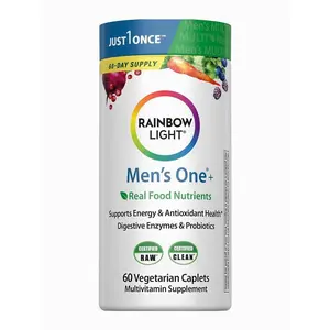Rainbow Light Mens Multivitamin One + | 60 Caplets | Supports Energy & Antioxidant Health | with Real Food Nutrients, Digestive Enzymes & Probiotics