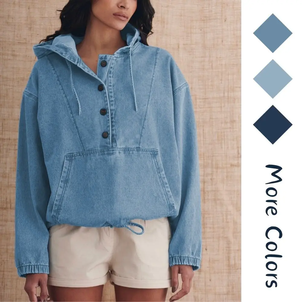 Women’s Denim Hoodie Jacket Lightweight Button Up Jean Pullover with Drawstring Hood Casual Long Sleeve Sweatshirt